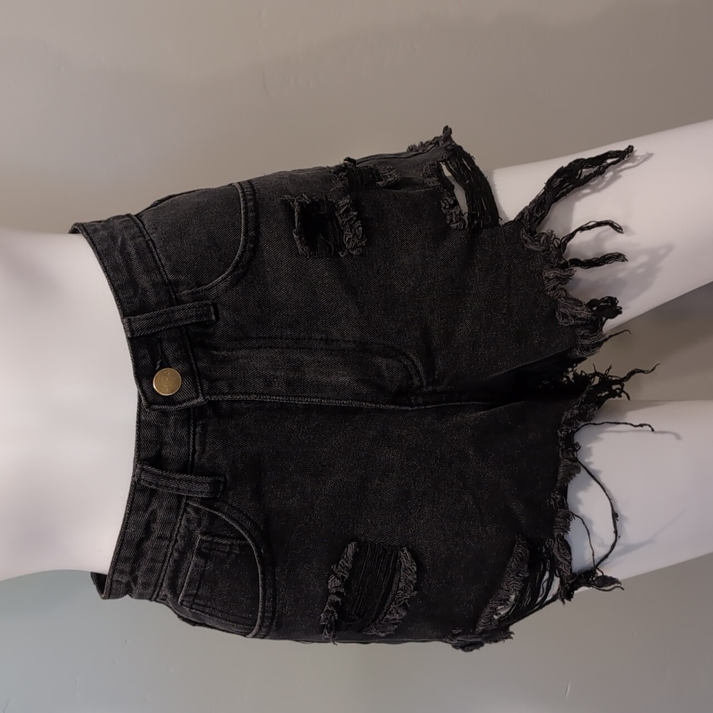 SHEIN Black Distressed High Rise Frayed Raw Hem Jeans Shorts Size XS
